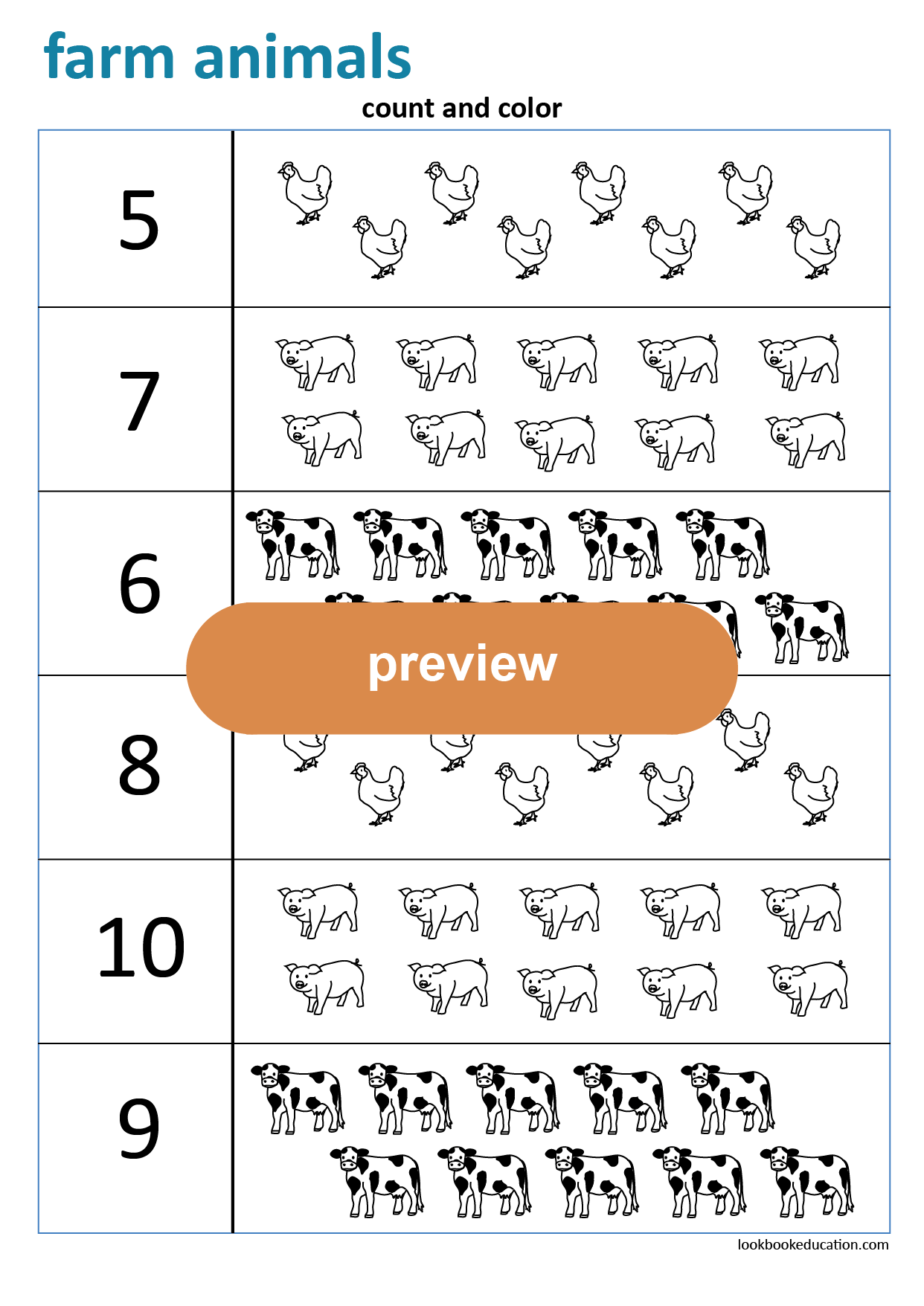 Worksheet count and color farm animals