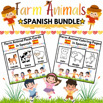 Farm animal coloring pages flashcards spanish bundle for kids