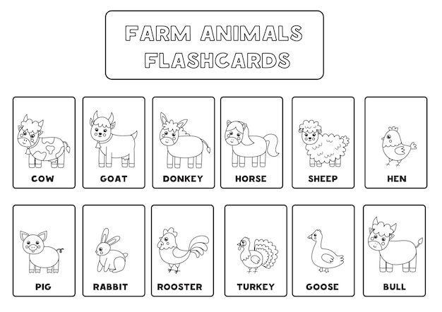 Premium vector black and white farm animal flashcards for kids