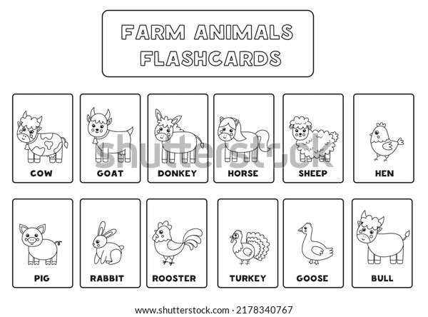 Black white farm animal flashcards kids stock vector royalty free