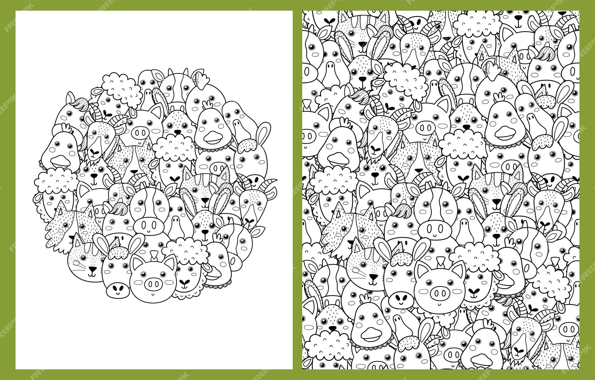 Premium vector coloring pages set with cute farm animals doodle farm characters faces templates for coloring book