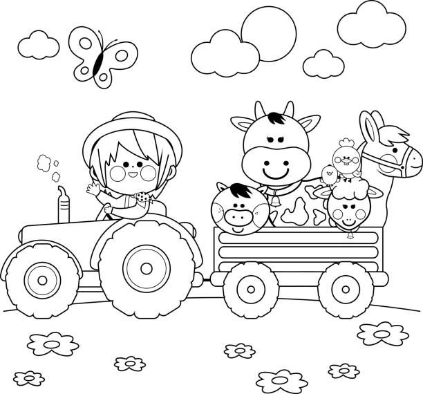 Farmer boy driving a tractor and carrying farm animals black and white coloring book page stock illustration