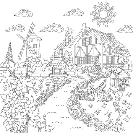 Coloring book page of rural landscape farm house windmill water well mail box rabbits bird grape vines freehand drawing for adult antistress colouring with doodle and zentangle elements ù ùùø øªøµù ùù ù