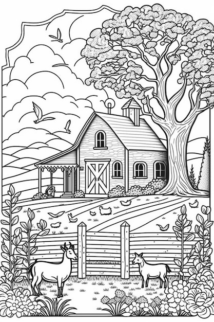 Premium ai image a coloring page with a farm scene and a barn generative ai