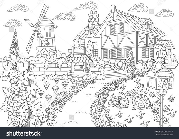 Coloring page rural landscape farm house stock vector royalty free shutterstock mandala coloring pages coloring books coloring pages