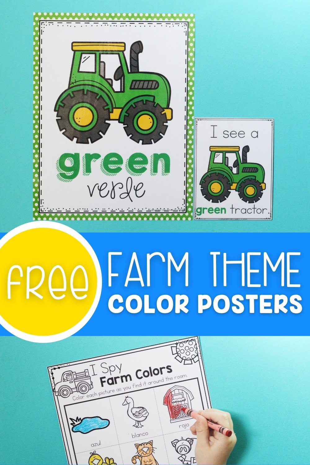 Preschool farm animals color posters and i spy color game