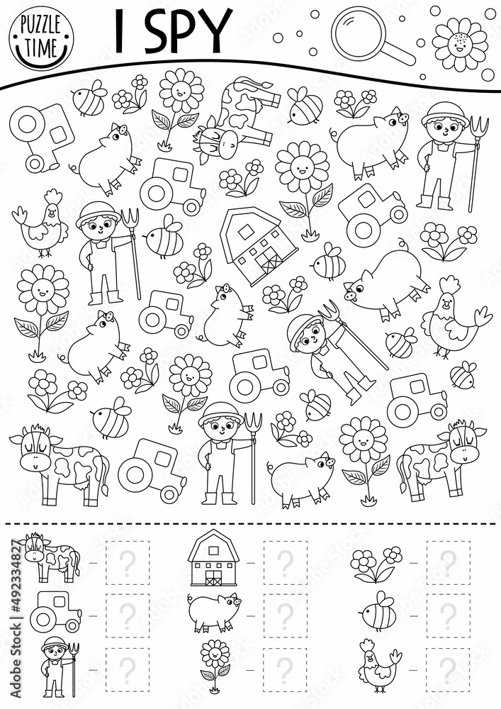 On the farm black and white i spy game for kids searching and counting line activity with farmer tractor barn cow rural village printable coloring page simple country farm puzzle vector