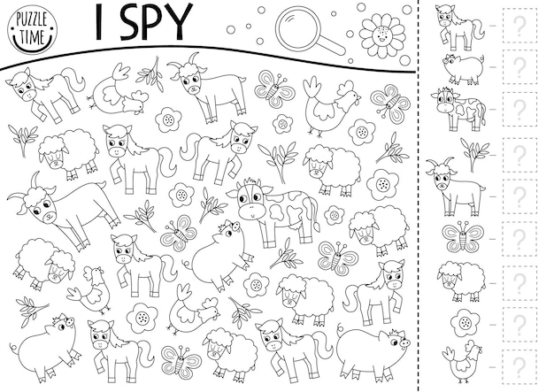 Premium vector farm animals black and white i spy game for kids searching and counting line activity with goat