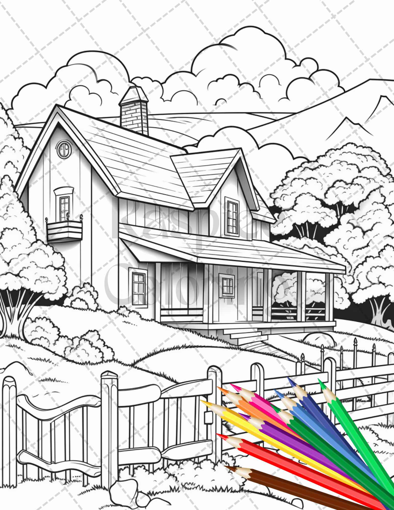 Charming farmhouse scenery grayscale coloring pages printable for adul â coloring