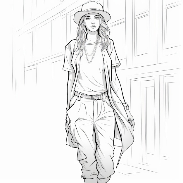 Premium ai image fashion illustration coloring pages detailed illustrations of a girl walking in style