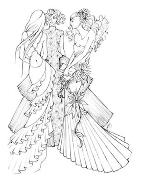 Fashion coloring page friends at a gala instant download