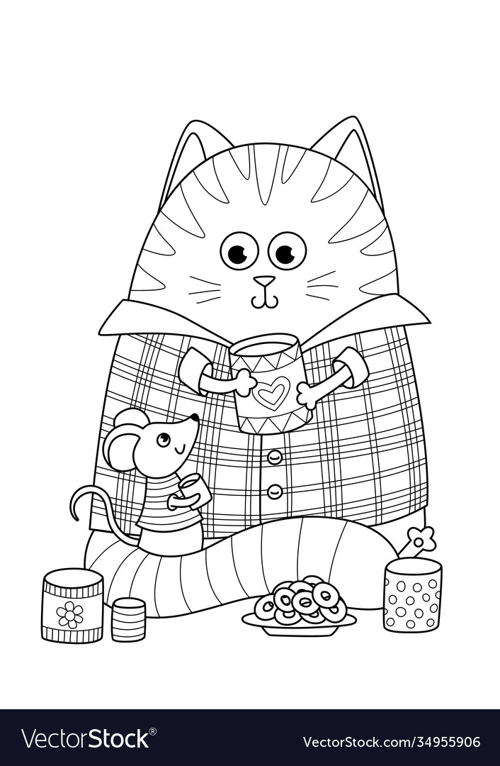 Doodle coloring book page cute fat cat and little vector image