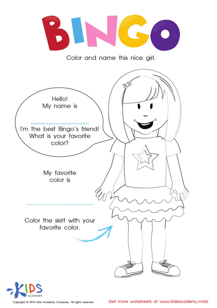 The bingo song coloring the girl worksheet printable coloring page for kids