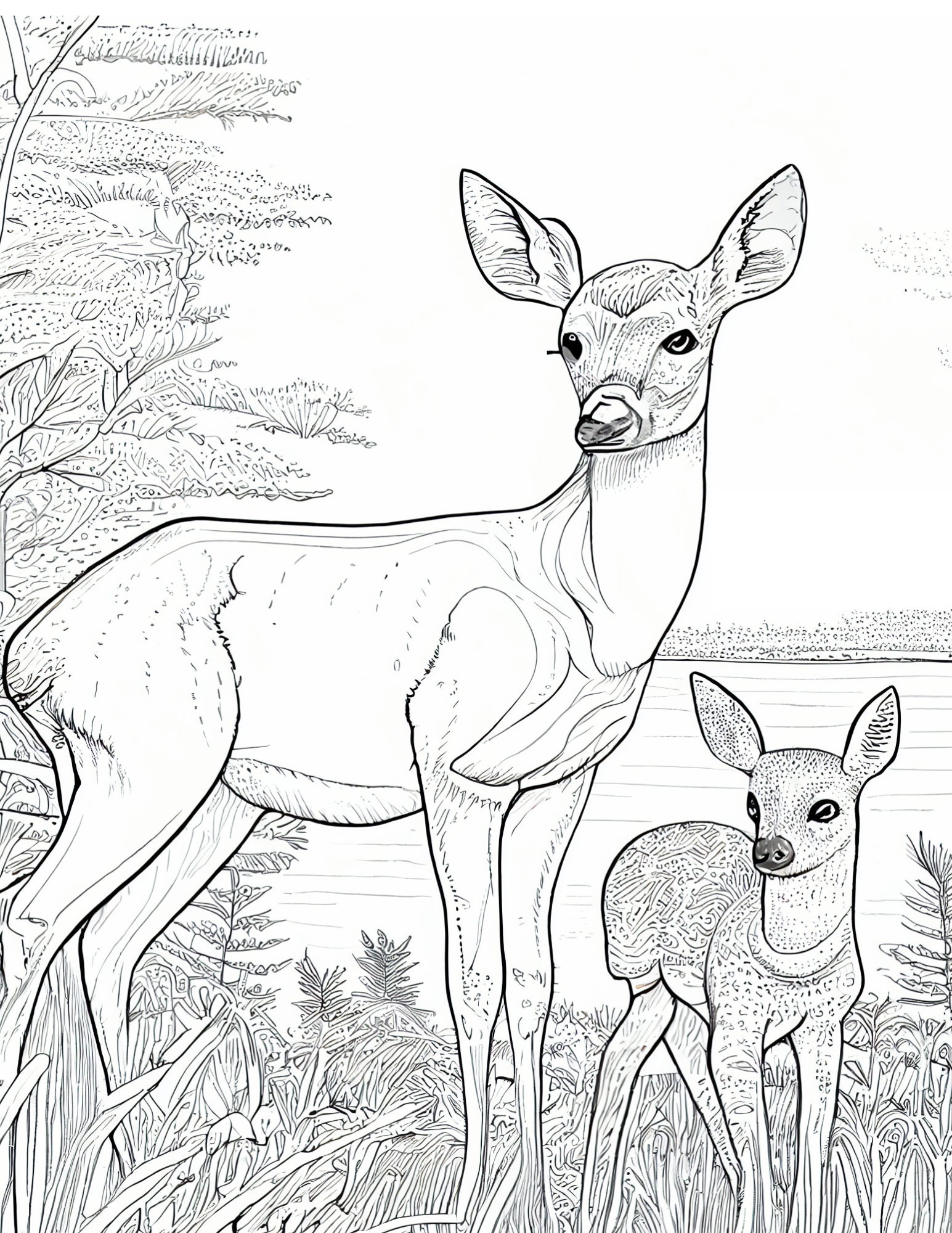 Mother doe and her new fawn in the forest coloring page instant download digital print