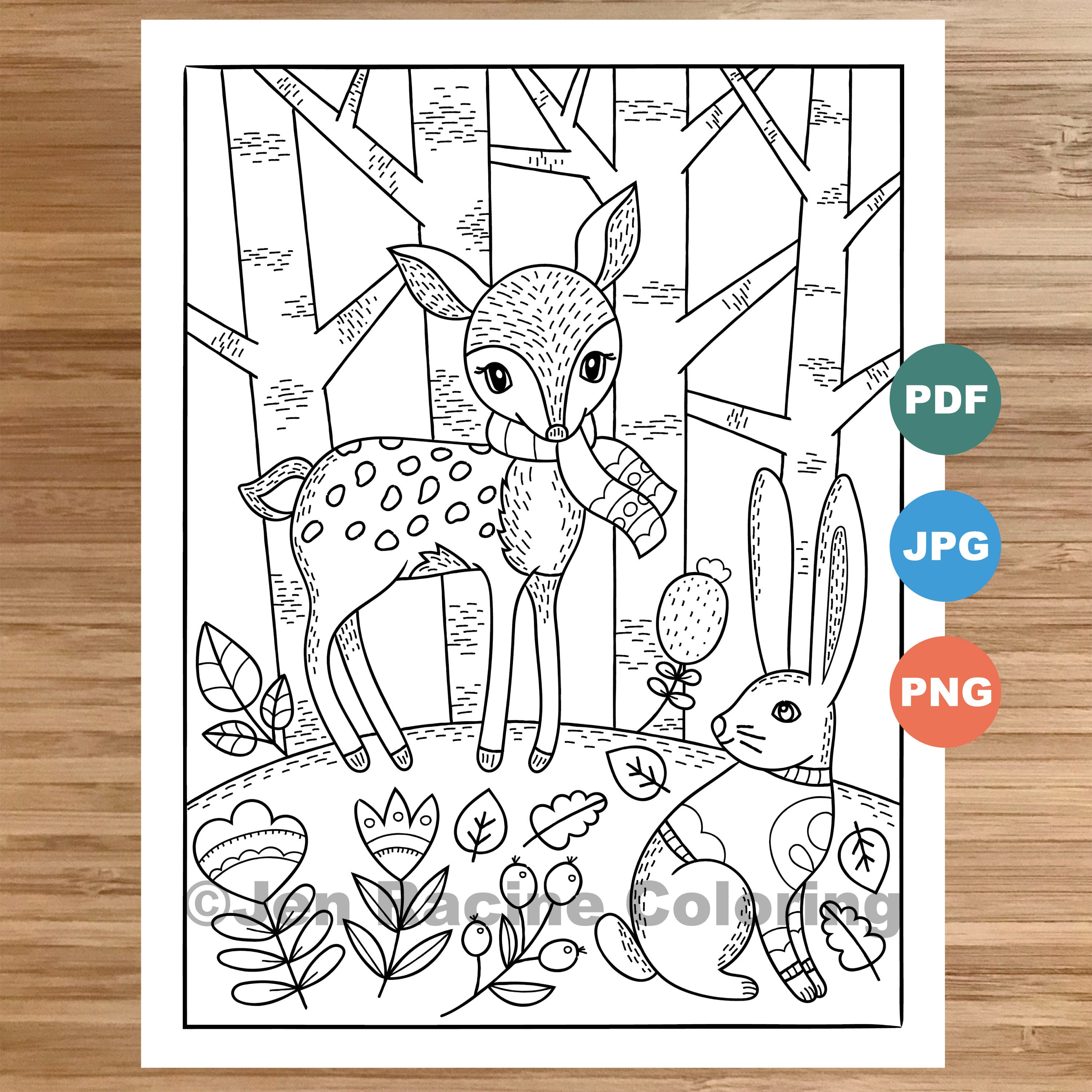 Woodland wonder coloring page fawn and bunny floral scandinavian forest cozy coloring coloring page for kids