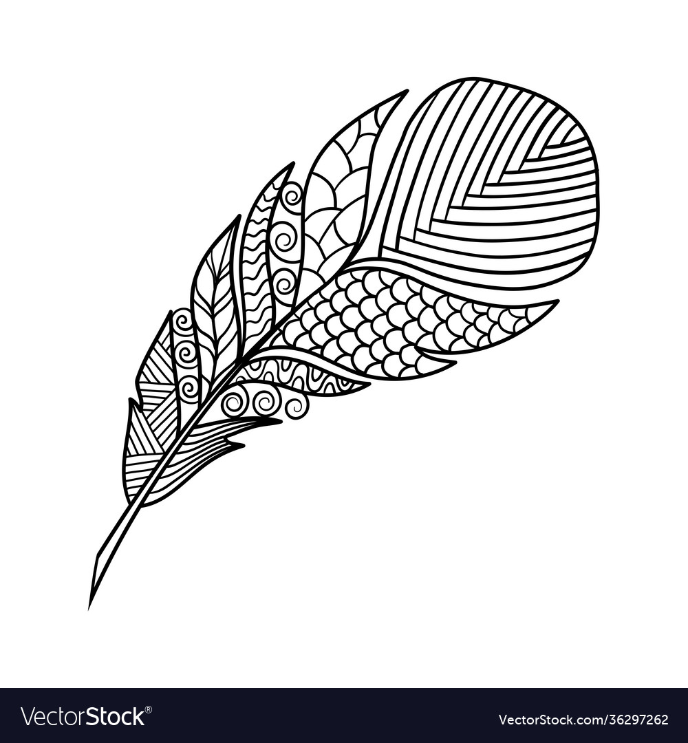 Feather in zen art style coloring page royalty free vector