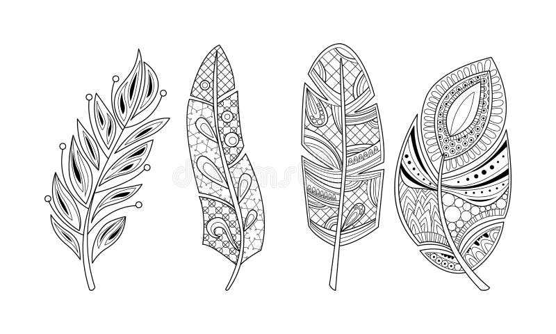 Collection of stylized feathers black and white tribal artistically drawn feather pattern for coloring page tattoo stock vector