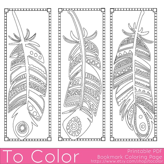 Printable feathers coloring page bookmarks for adults pdf jpg instant download coloring book coloring sheet grown ups digital stamp