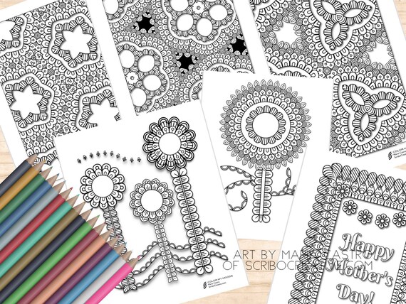 D floral doodle coloring page set with bonus mothers day