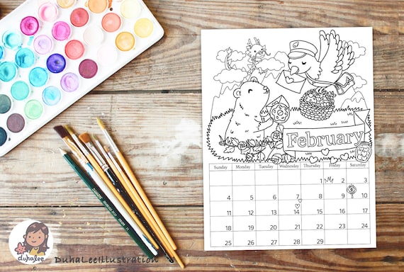 Printable february calendar coloring page valentines day coloring sheet lunar new year kids activity school craft digital download