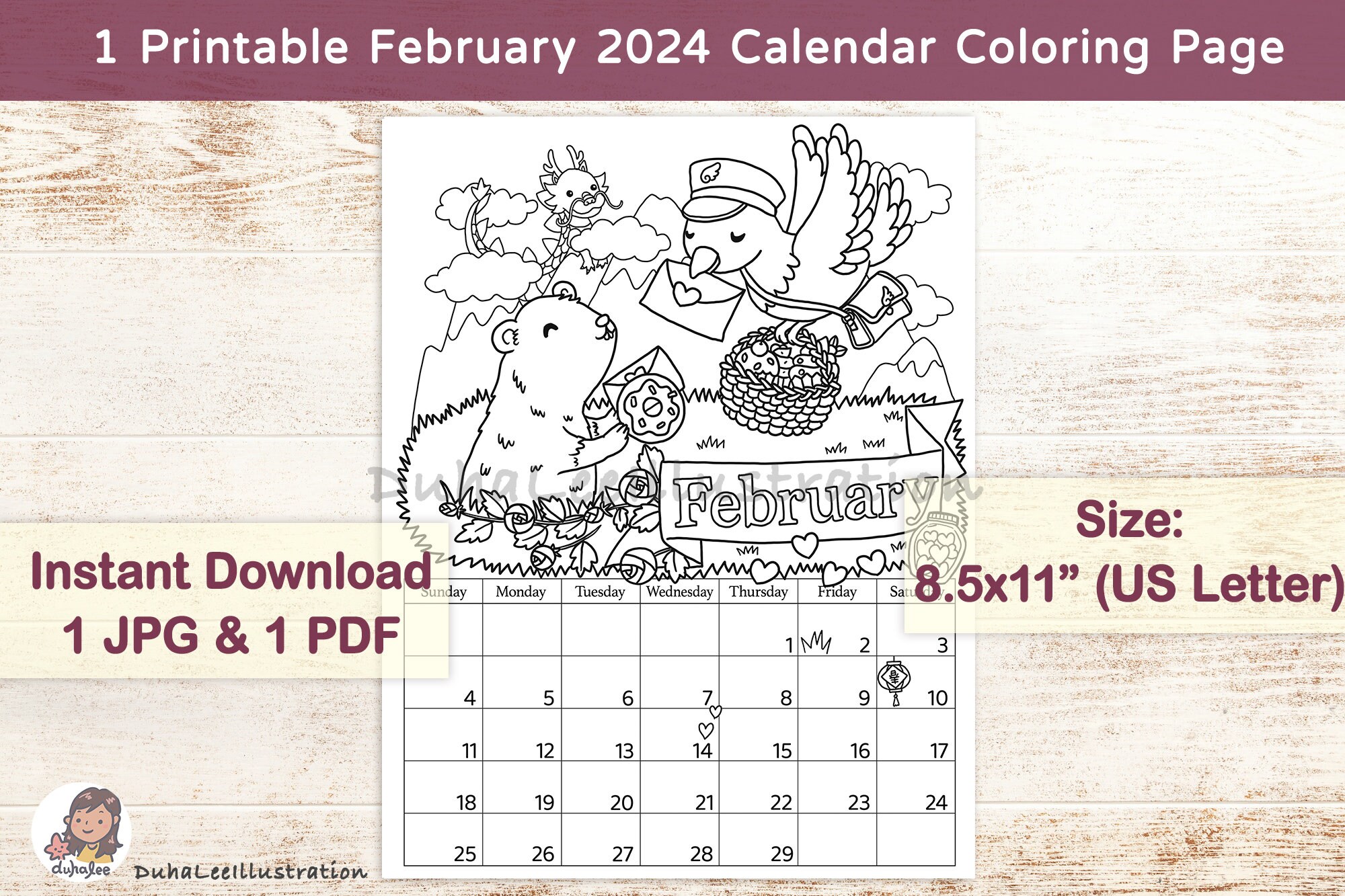 Printable february calendar coloring page valentines day coloring sheet lunar new year kids activity school craft digital download