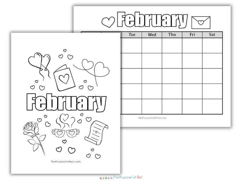 February calendar and coloring page