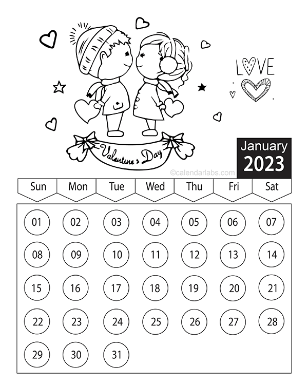 Valentines day coloring calendar