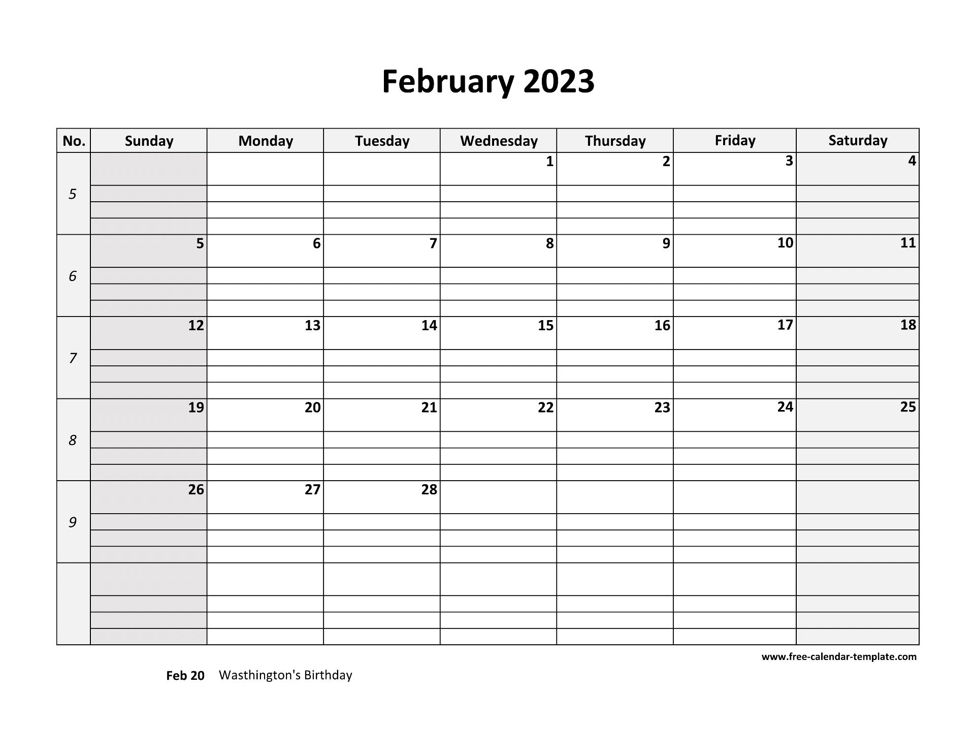 February calendar free printable with grid lines designed horizontal free