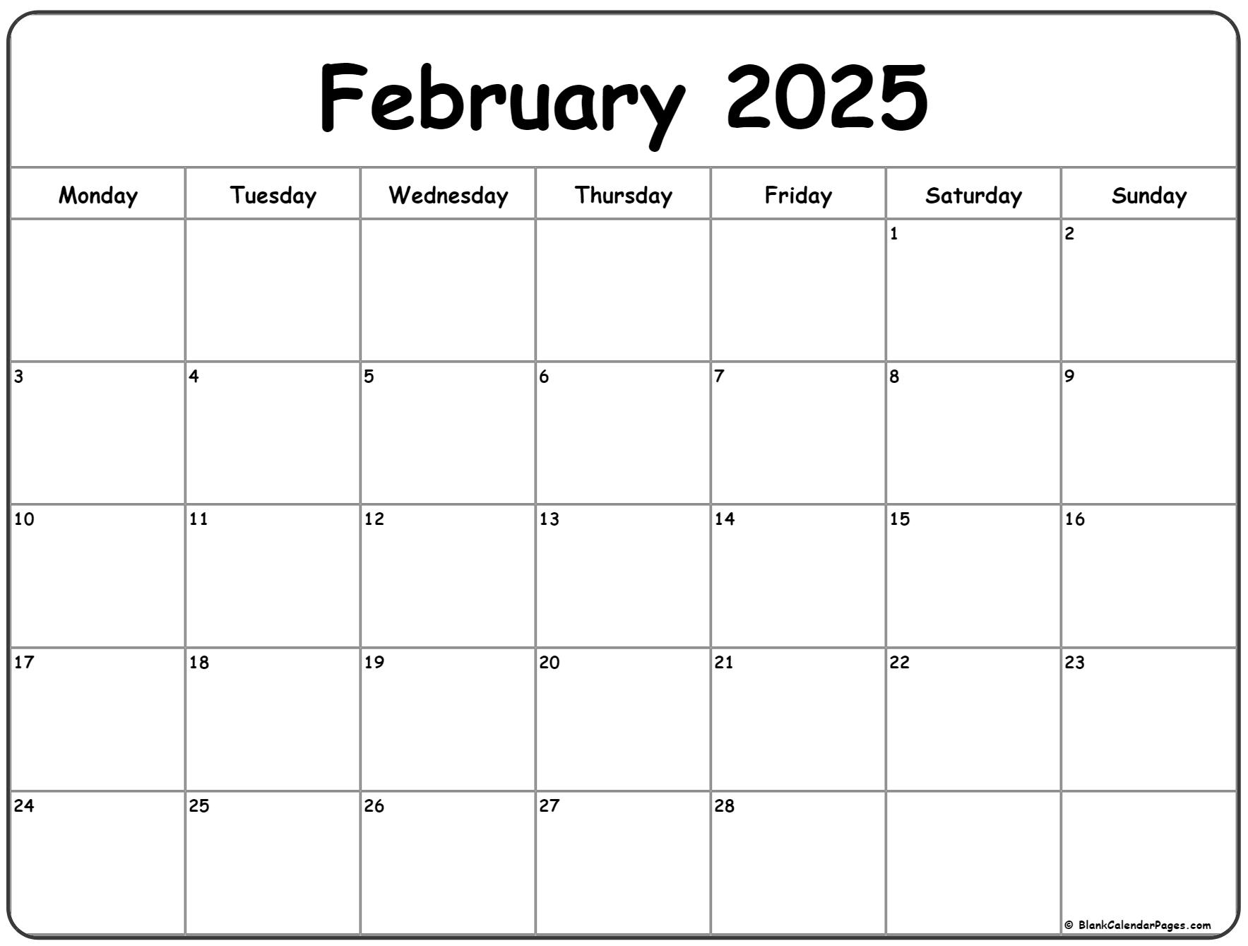 February monday calendar monday to sunday