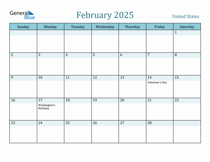 February monthly calendar with united states holidays