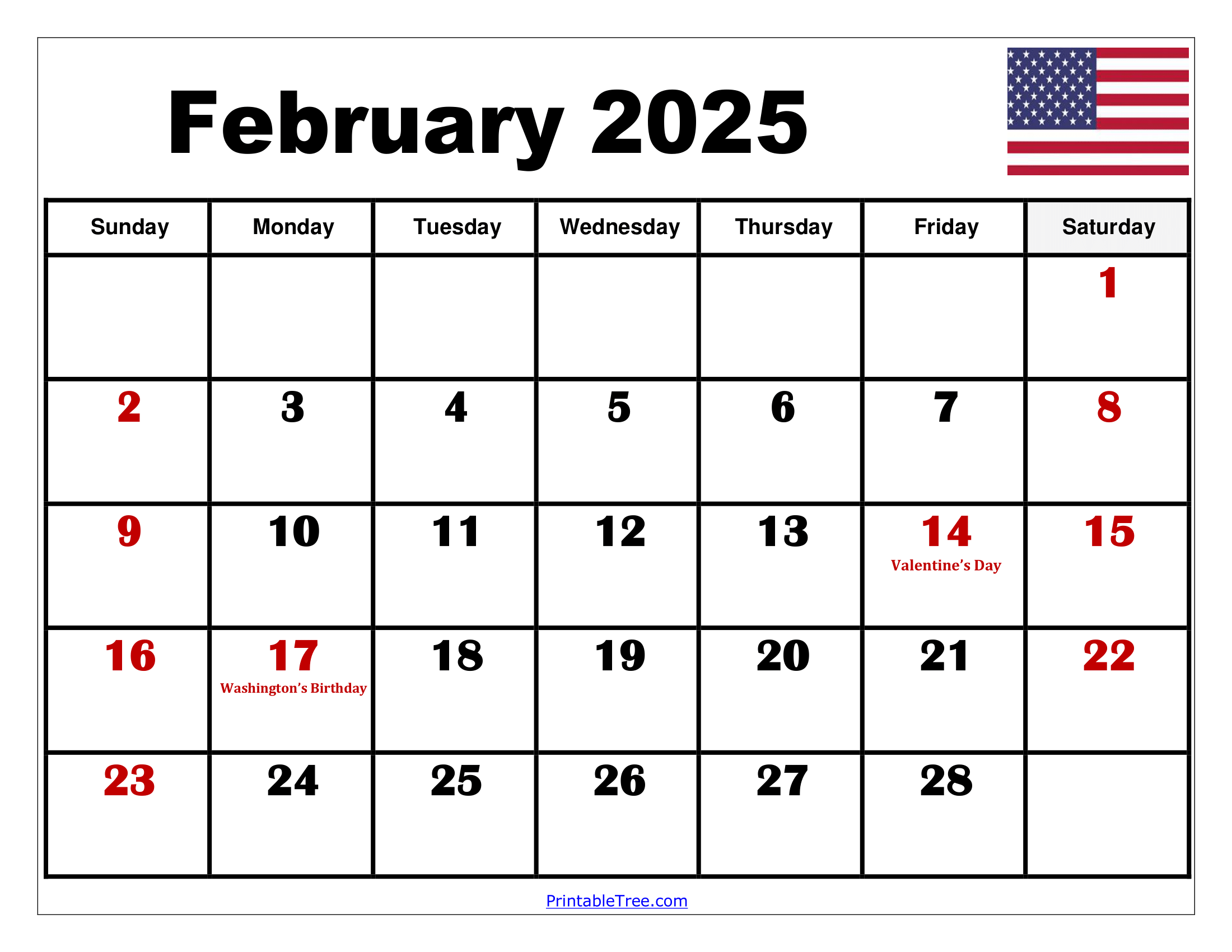 February calendar printable pdf template with holidays
