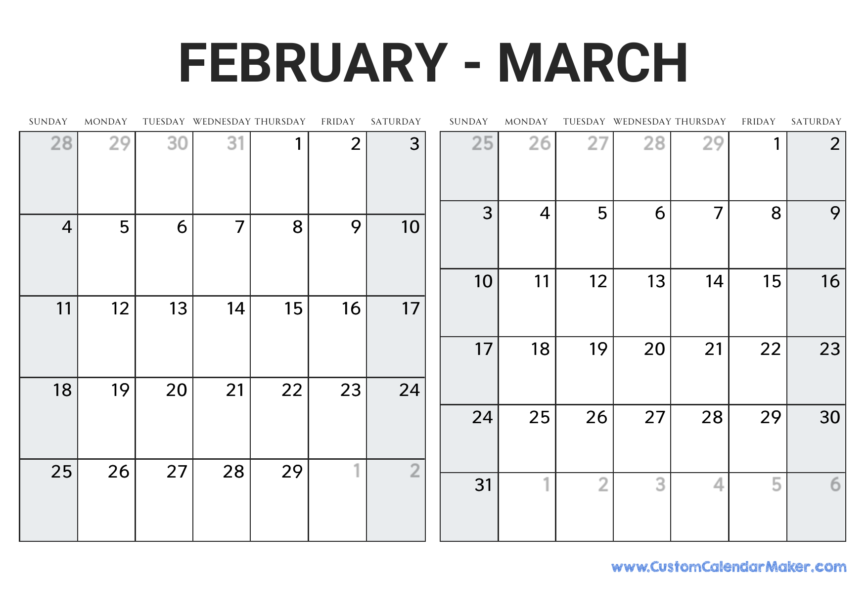 February and march calendar