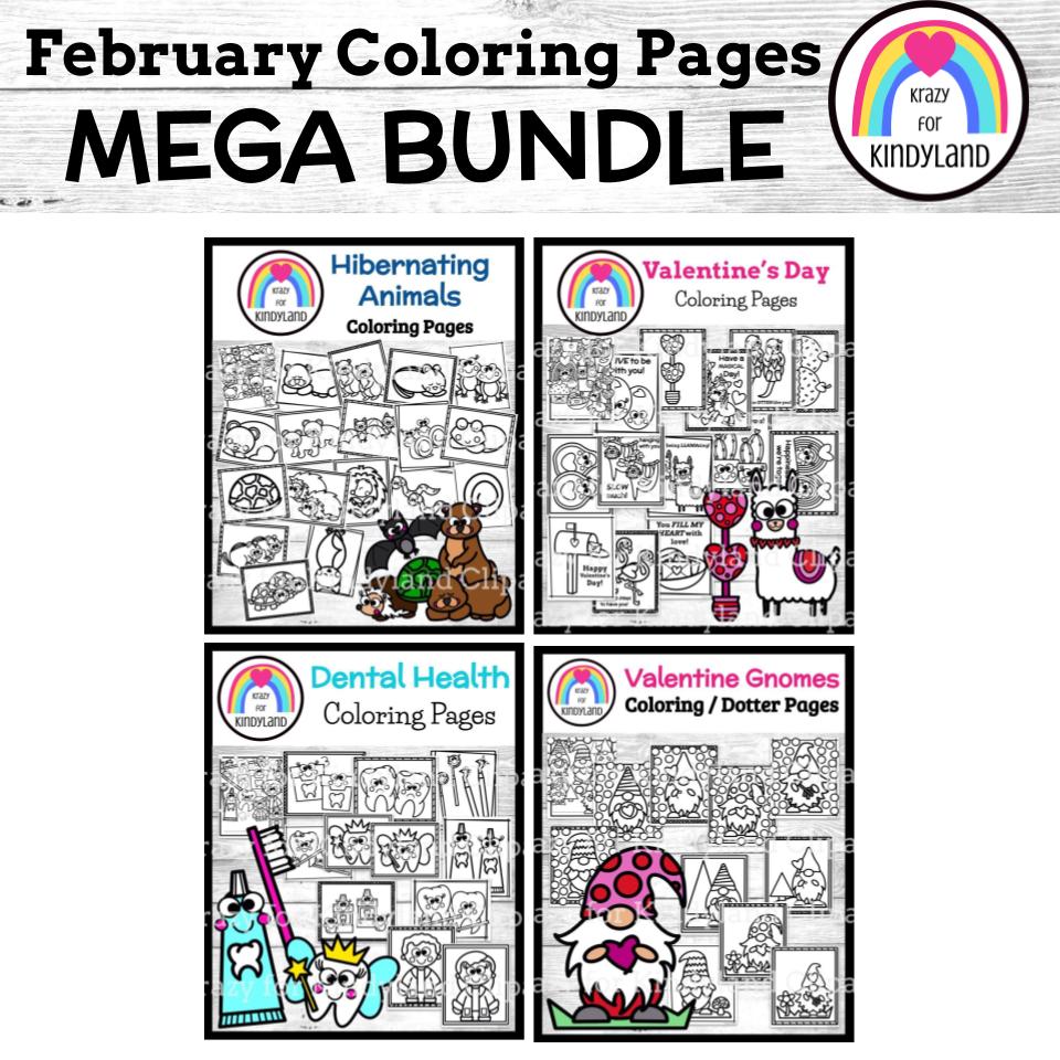 February coloring pages bundle hibernation valentine teeth gnomes