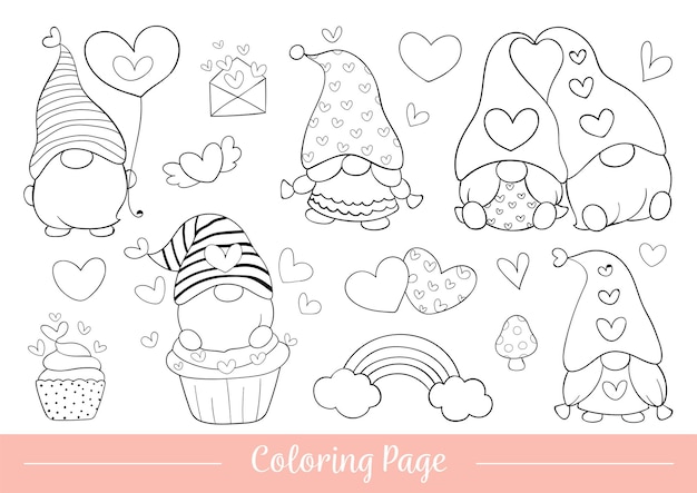 Premium vector draw illustration coloring page of gnome for valentine day