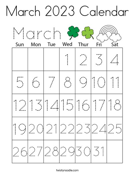 March calendar coloring page