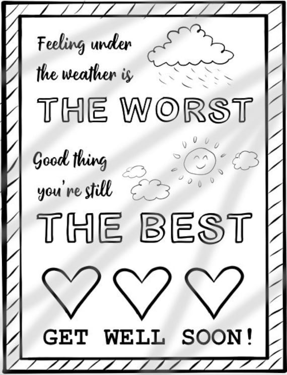 Get well soon card coloring page printable pdf instant download feel better get well coloring page get well gift poem