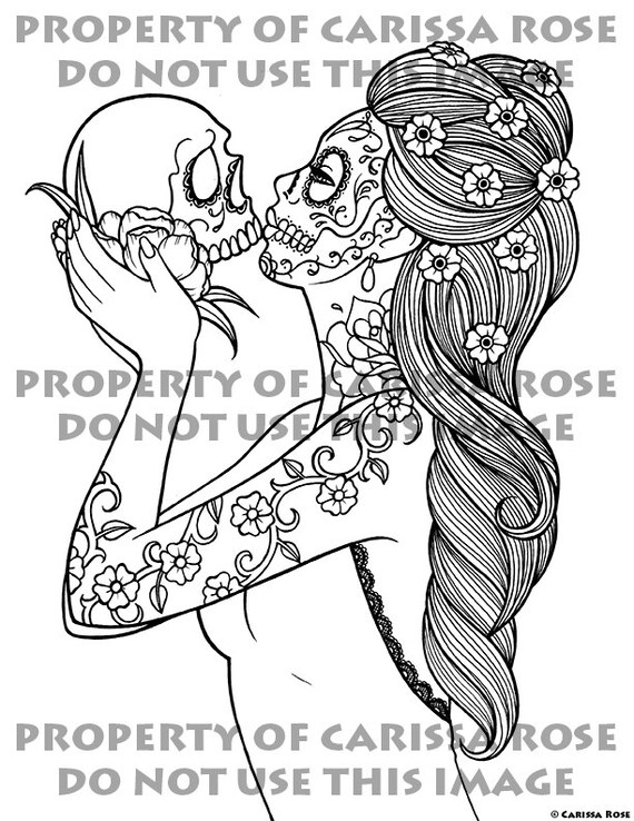 Digital download print your own coloring book outline page eternity by carissa rose day of the dead sugar skull girl tattoo flash design