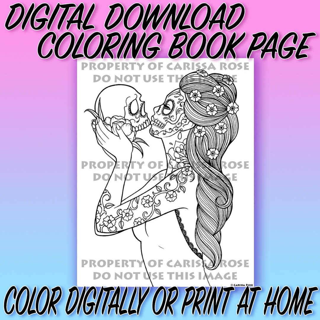 Digital download print your own coloring book outline page eternity by carissa rose day of the dead sugar skull girl tattoo flash design