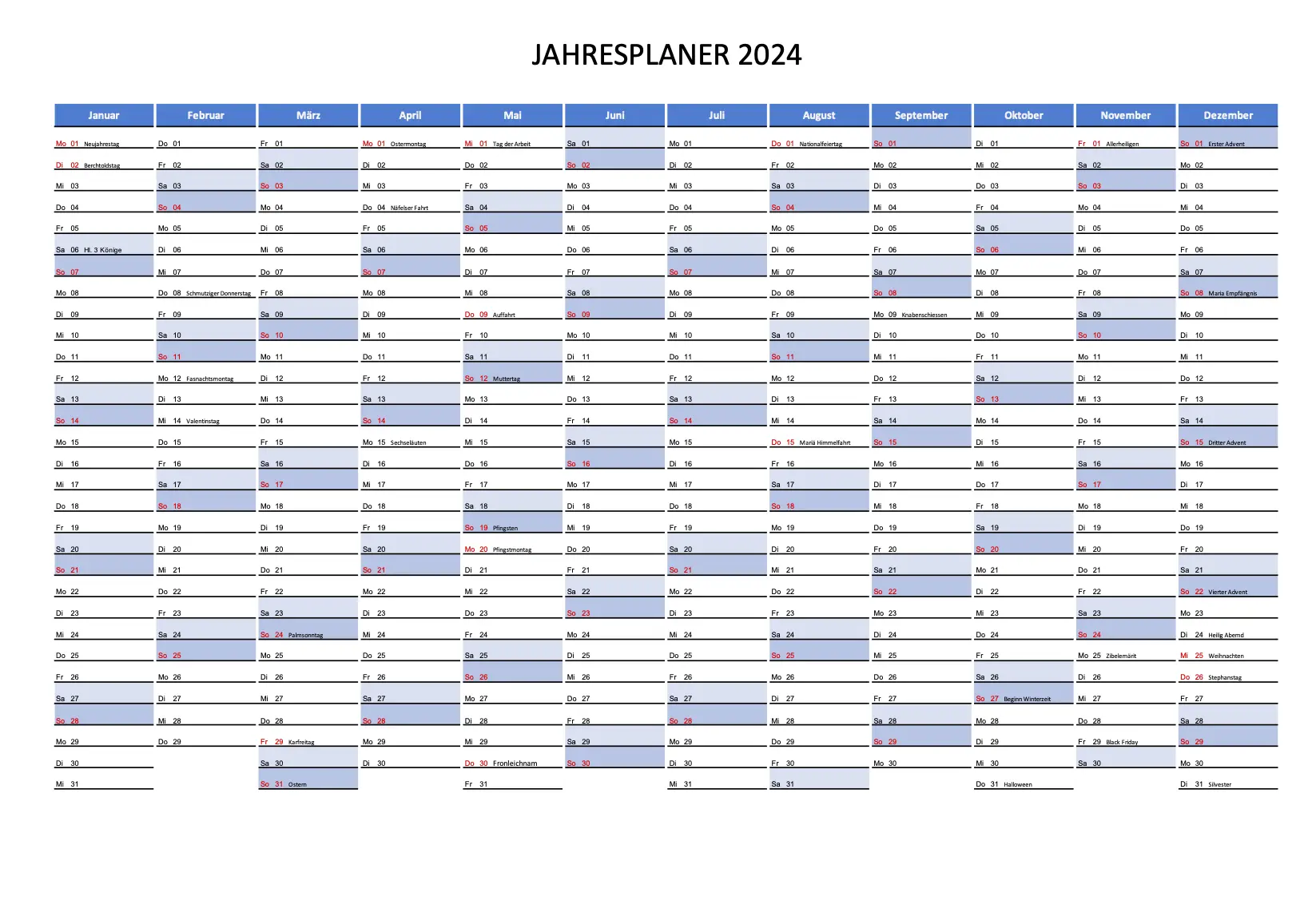 Kalender sweiz excel pdf zum ausdrucken