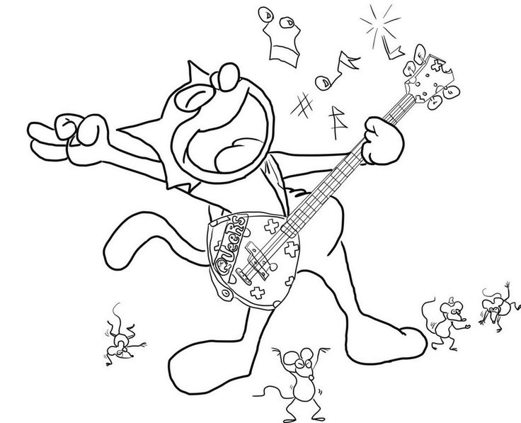 Felix the cat playing a guitar coloring picture felix the cats cartoon coloring pages adult coloring pages