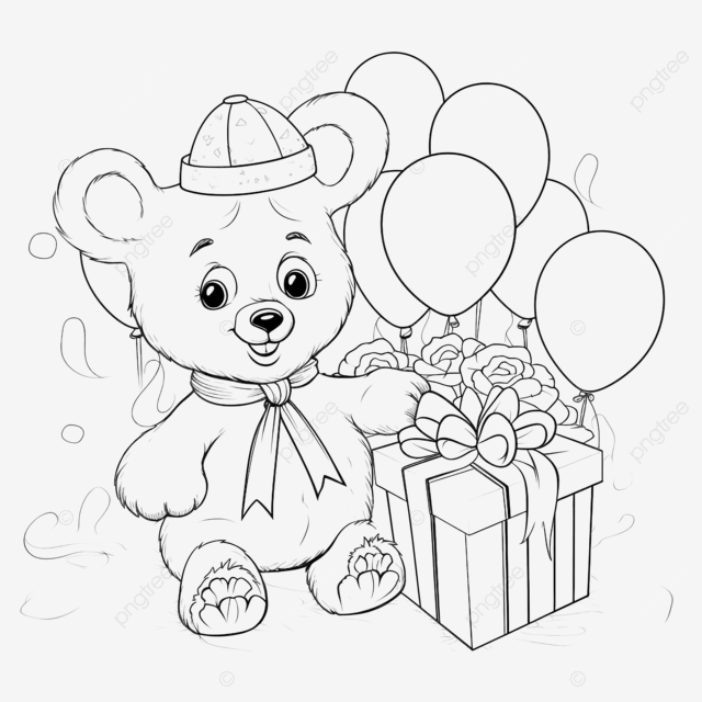 Pãgina para colorir urso engraãado flores balãµes e uma caixa de presente png aniversãrio fofo ilustraãão de aniversãrio feliz aniversãrio ilustraãão png imagem para download gratuito