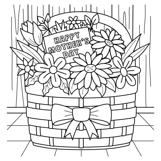 Happy mothers day flower basket coloring page stock illustration