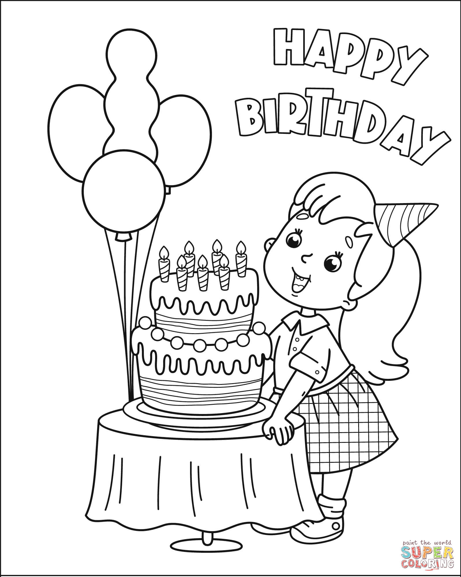 Happy birthday with girl coloring page free printable coloring pages