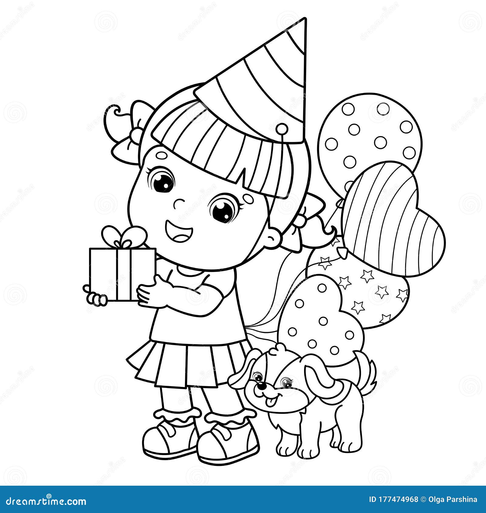 Coloring page outline of a cartoon girl with gift and balloons and with little dog birthday stock vector