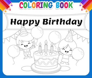 Premium vector coloring book for kids happy boy and girl around birthday cake