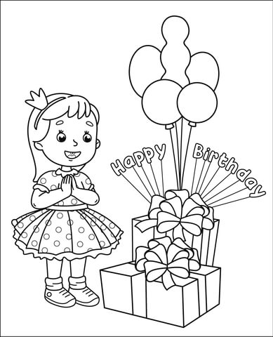 Happy birthday with girl coloring page free printable coloring pages