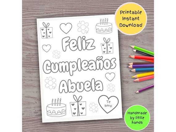 Feliz cumpleaãos abuela printable coloring page for kids spanish art activity diy handmade birthday card gift from grandson granddaughter instant download