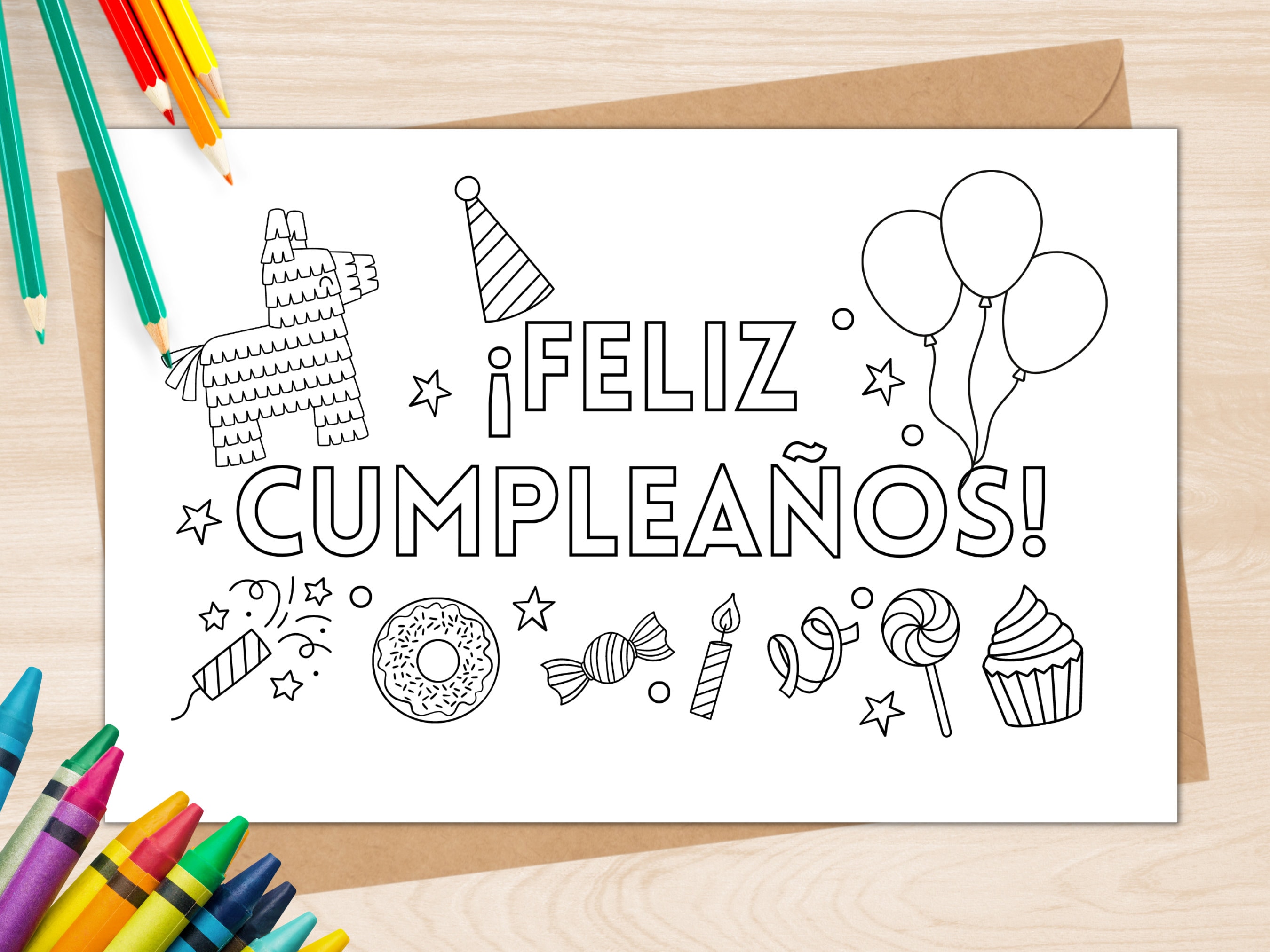 Instant download birthday coloring card printable coloring greeting card spanish birthday card colorable birthday card print and color download now