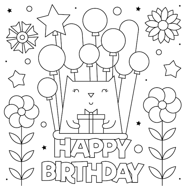 Premium vector happy birthday coloring page black and white a cat with balloons