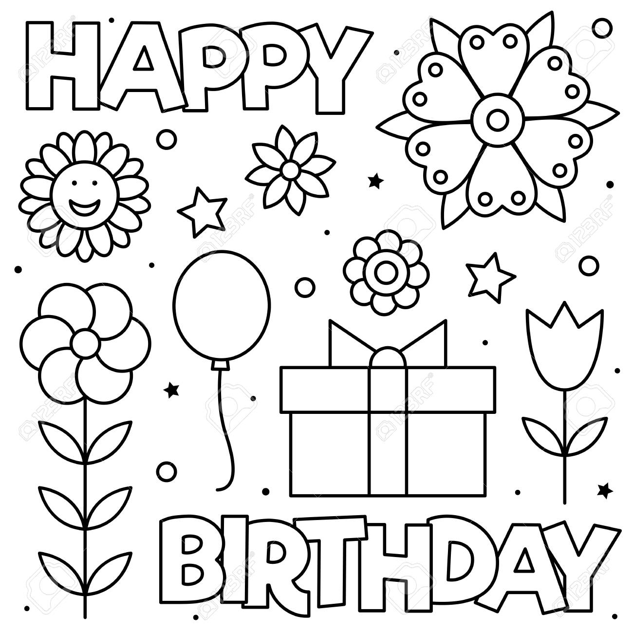 Happy birthday coloring page black and white vector illustration royalty free svg cliparts vectors and stock illustration image